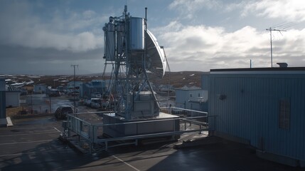 Naklejka premium Large satellite antenna dish and communication technology infrastructure facilitating wide ranging data transmission and receiving signals in a remote environment under a cloudy sky