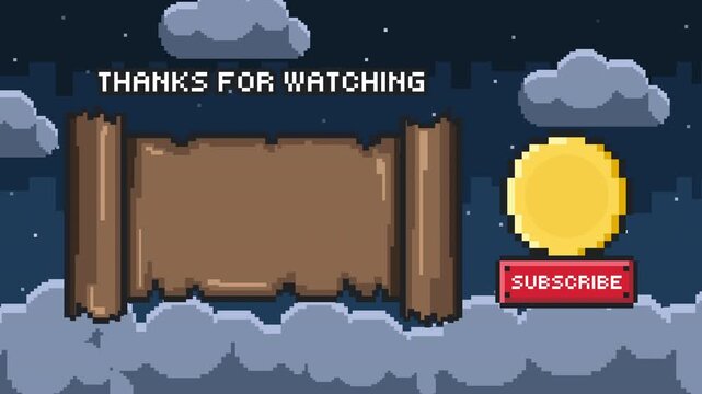 Retro pixel art end credit screen with wooden frame UI and classic game outro layout non looping animation Prores 4K 60fps