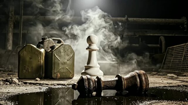 Oil Shortage Concept Shows Chess Piece near Gas Cans in Smoke or Economic Crisis Depicts Pawn Standing in Industrial Setting