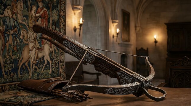 Intricately engraved medieval crossbow with tensioned string and quiver of arrows, set in a grand hall