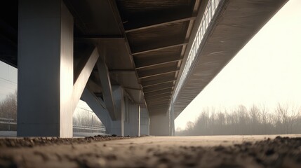 Fototapeta premium Modern concrete viaduct forming an architectural underpass with strong lines and a vanishing perspective, representing concepts of construction, connection, and urban development