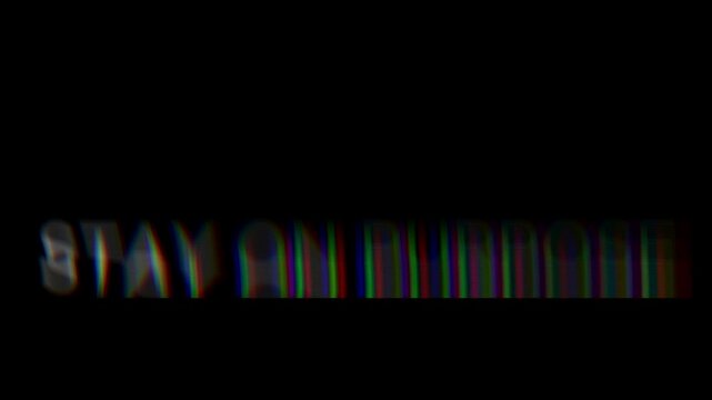 Text reading stay on purpose features a chromatic aberration effect over a deep black background.