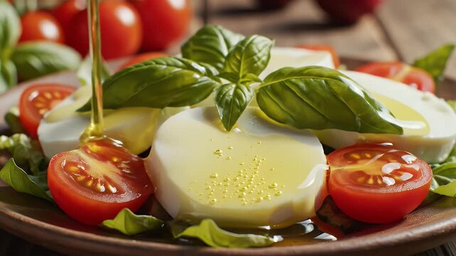 Fresh Caprese Salad With Mozzarella Tomatoes Basil And Drizzled Extra Virgin Olive Oil On Rustic Wooden Table