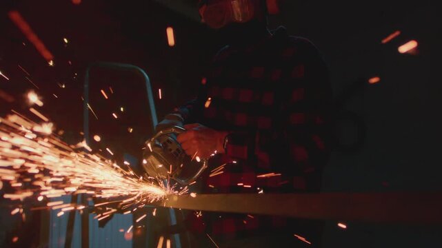 Male industrial worker or construction worker cuts metal with a angle grinder. Man uses metal saw or grinder at factory, Grinding Metal. Close-up sparks flying, manufacturing plant, cutting metal