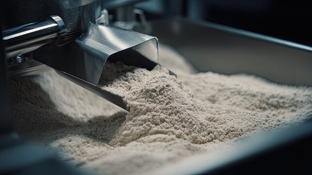 Flour pouring from a stainless steel chute into a large industrial hopper at a commercial mill, close up of automated processing equipment in grain to food production line