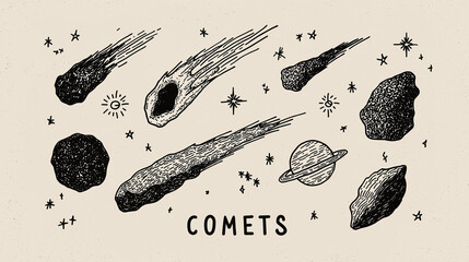 Fototapeta premium Several comets and a planet depicted in a hand drawn illustration style with stars