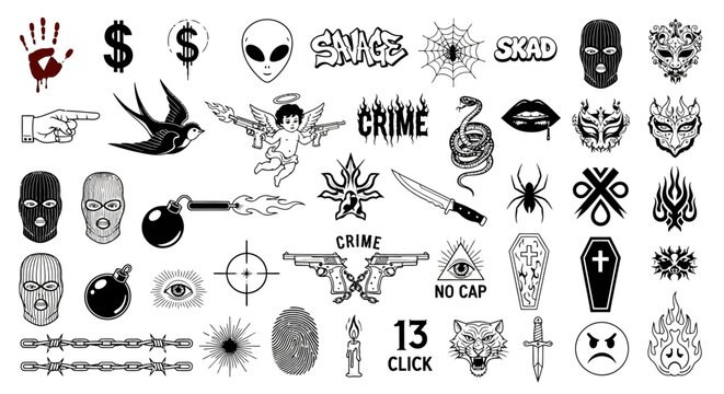 Collection of Tattoo Designs and Gothic Symbols Skulls, Animals, and Iconic Imagery