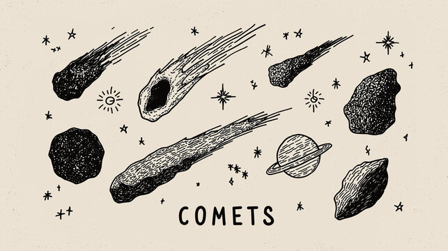 Several comets and a planet depicted in a hand drawn illustration style with stars