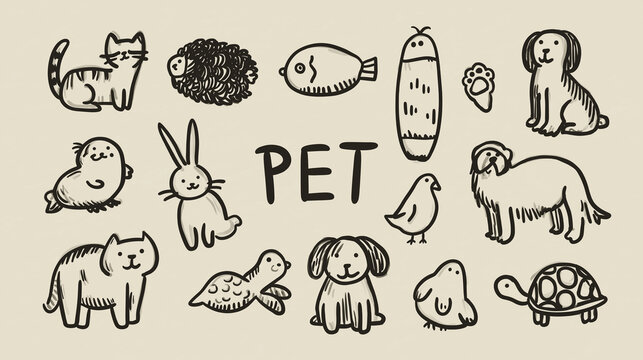 A collection of adorable hand-drawn pets including cats, dogs, rabbits, birds, and turtles, with the word PET displayed in the center