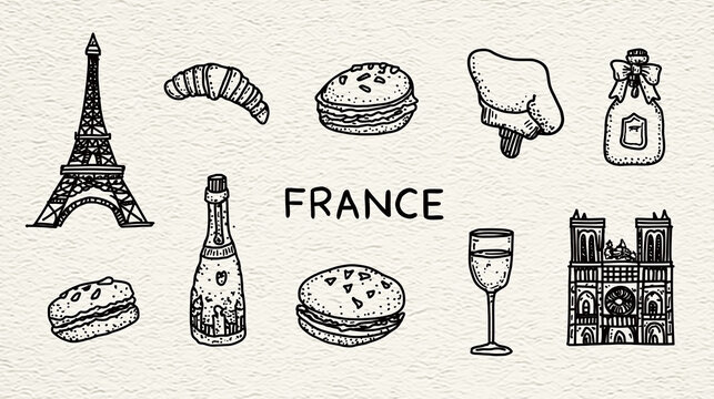 A collection of hand-drawn iconic symbols representing France, including the Eiffel Tower, Notre Dame, food items, and a bottle of champagne