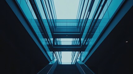 Obraz premium Modern architectural interior with sleek glass surfaces and symmetrical lines, creating a sense of growth, connection, and a futuristic environment for business and innovation
