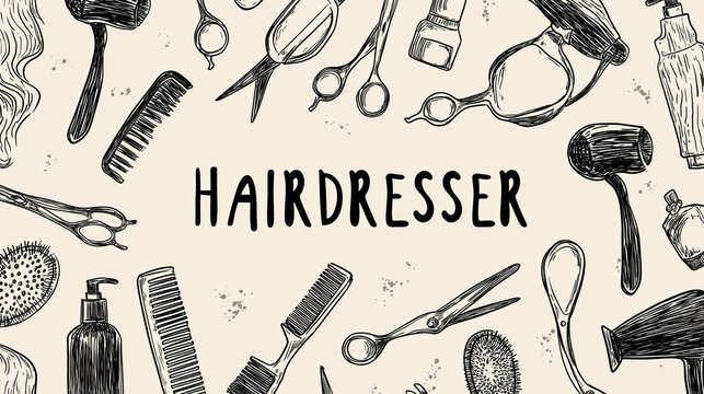 Hairdressing tools and equipment are arranged around the word hairdresser