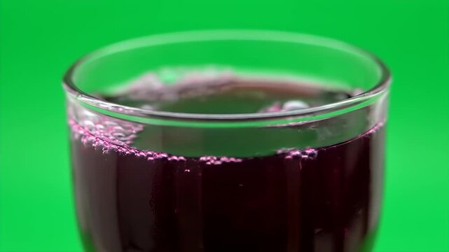 Pouring Deep Purple Chicha Morada Drink into Transparent Glass Against Vibrant Green Screen Background