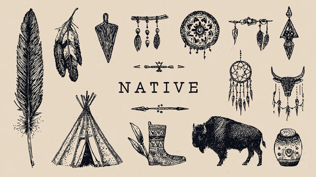 A collection of hand-drawn native American inspired icons featuring a feather, teepee, dream catcher, buffalo, and other traditional symbols