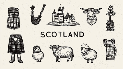Obraz premium A collection of hand drawn illustrations representing Scotland including tartan, kilts, bagpipes, castles, Highland cows, sheep, and thistles