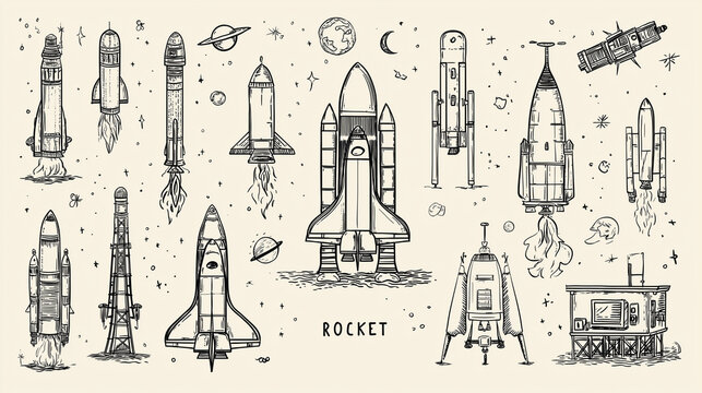 A collection of various rocket ship designs and space elements illustrated in a vintage sketch style
