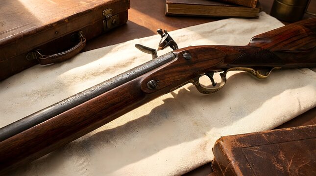 Intricately Engraved Antique Muzzle Loading Rifle Detailed View on a Rustic Surface