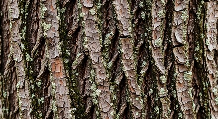 Fototapeta premium Close-up view of rugged, textured tree bark with deep furrows and ridges, covered in patches of green and white lichen, showcasing the intricate patterns and natural beauty of an ancient forest.
