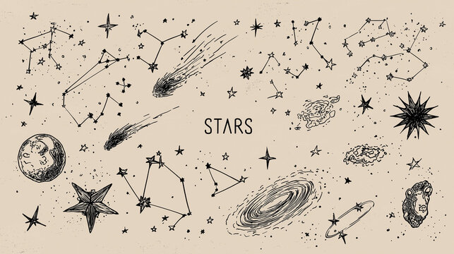 A collection of hand-drawn space elements including constellations, comets, stars, galaxies, and a planet