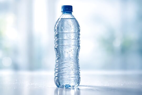 Clear plastic water bottle with blue cap standing on reflective light surface