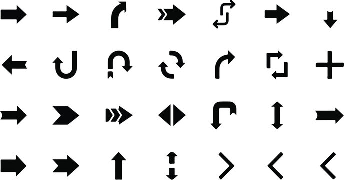 Arrows glyph icon set. Vector pictograms of direction, pointer, turn, move, return, rotate, black sign silhouette, vector illustration
