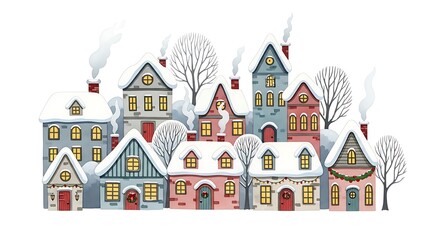 Obraz premium Festive Winter Village Scene with Snow-Covered Houses and Smoke.