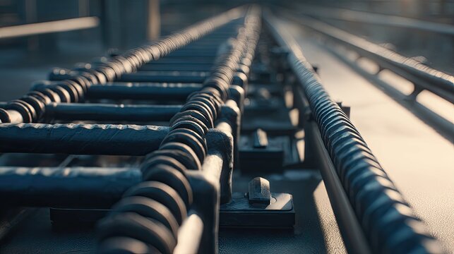 Industrial steel rails stretching into the distance, textured metal and concrete framing a modern urban infrastructure with strong parallel lines, depth and engineering detail