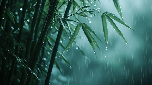 Bamboo leaves in the rain with water droplets, moody dark green nature.