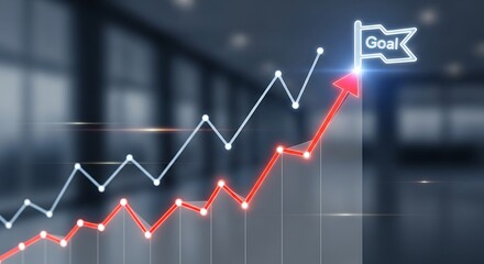 Obraz premium Business Growth Chart Arrow Reaching Goal Flag with Upward Trend.