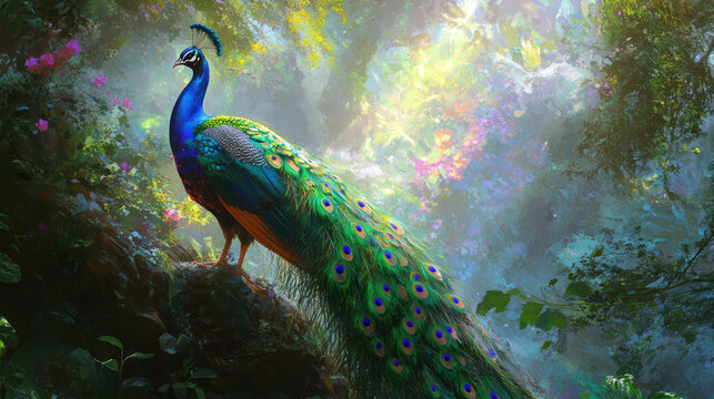 Majestic peacock with long tail in a mystical dreamy forest with soft light.