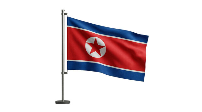 Flag of North Korea waving on a flagpole against a white background