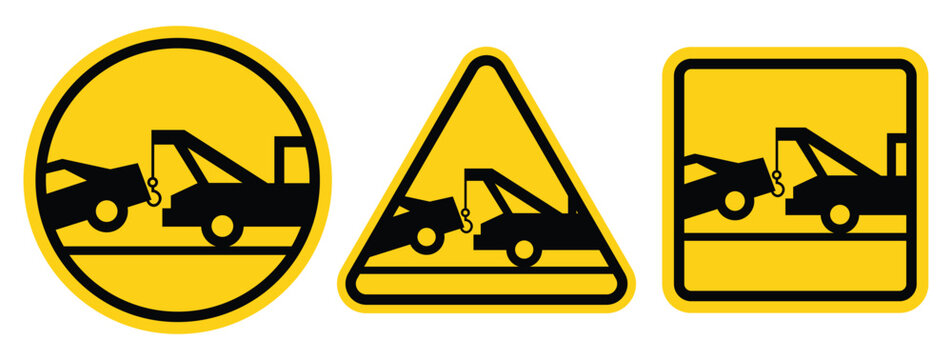 Towing sign set. Truck towing car service signage, signboard, sign, icon, logo. No parking, tow away zone, private parking, towing enforced. Vector Illustration