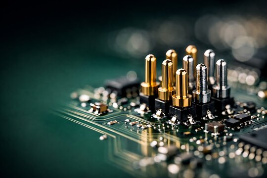Closeup gold and black electronic capacitors soldered on green circuit board