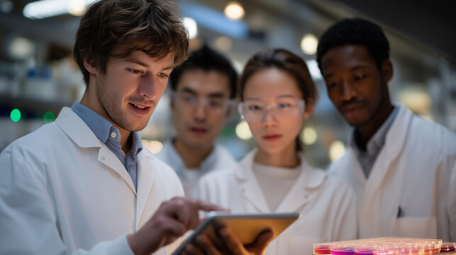 Group dynamic of bioplastic researchers huddled over a petri dish array in a green-lit lab, one team member recording observations on a tablet, others pointing at sample colors, ideal for collaborat