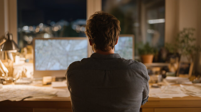 OSINT investigator at cluttered desk surrounded by printed social media maps, string connections on corkboard, browser tabs showing public records, rain soaked streets visible outside window, perfec