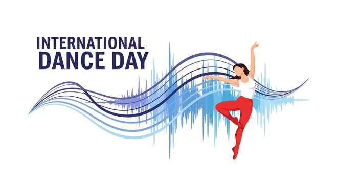 Elegant female dancer silhouette performing on a dynamic blue music wave graphic with "International Dance Day" text, isolated white background.