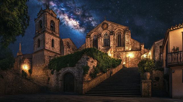 Ancient European castle under a spectacular Milky Way starry night sky.