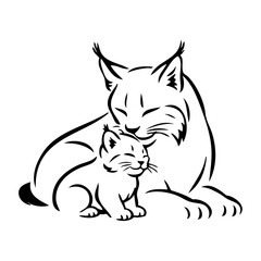 Dibujo minimalista con líneas de una madre lince besando a su gatito. Concepto de amor maternal  © teracreonte