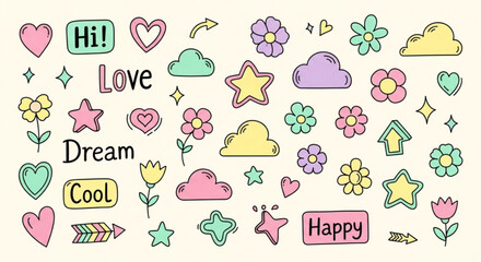 Fototapeta premium A vibrant illustration of various colorful icons and words like love, dream, and happy.
