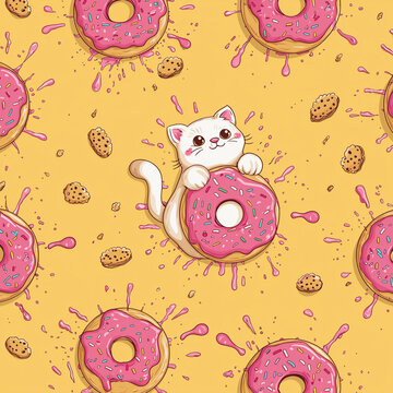 A cute cat hugs a pink frosted donut surrounded by cookies and sprinkles on a yellow background