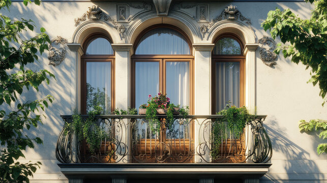 Elegant arched windows of a luxury mansion overlooking a lush garden.
