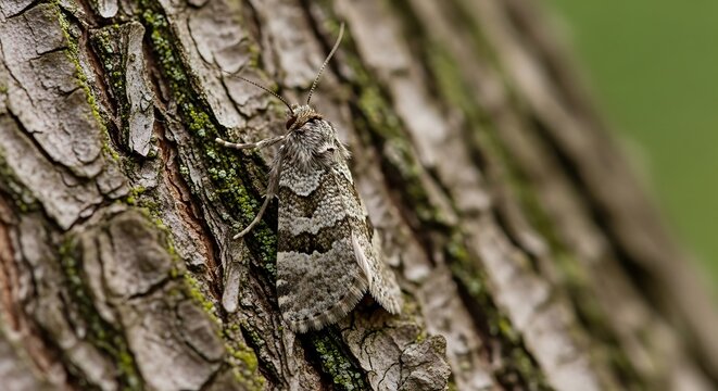 Camouflaged Moth Resting on Textured Tree Bark in Natural Environment.