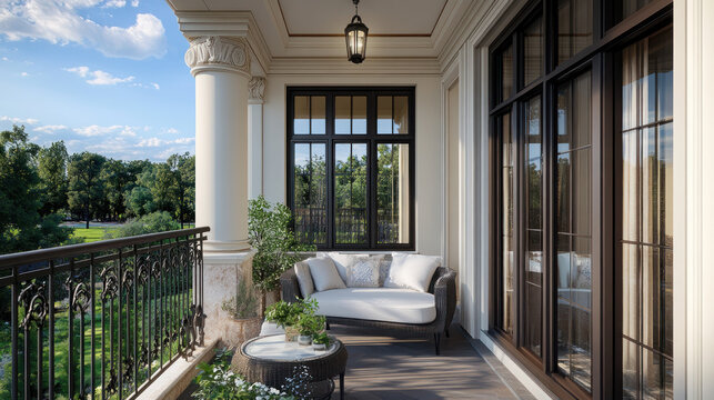 Luxury classic balcony with elegant columns and garden view.