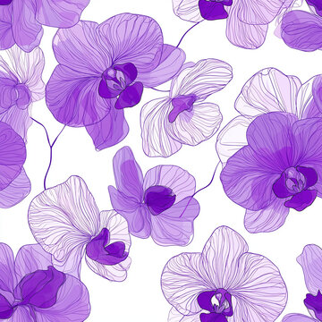 Seamless pattern of purple orchids on a white background with delicate line art details