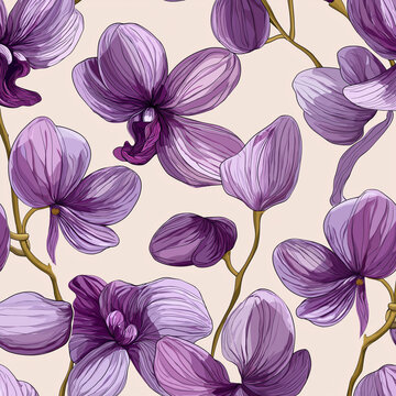 A pattern of purple orchids on a light cream background