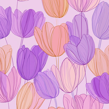 A repeating pattern of translucent tulips in soft purple and peach colors