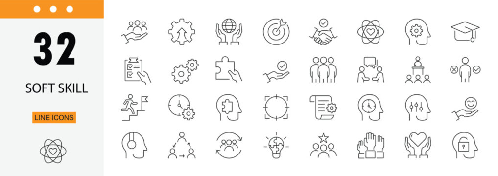 Soft skill icons set representing communication, teamwork, leadership, problem solving, time management and interpersonal abilities. Editable Stroke.
