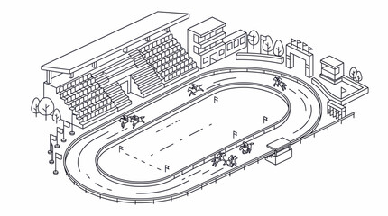 Obraz premium Isometric line drawing of an athletics stadium with running track and grandstand.