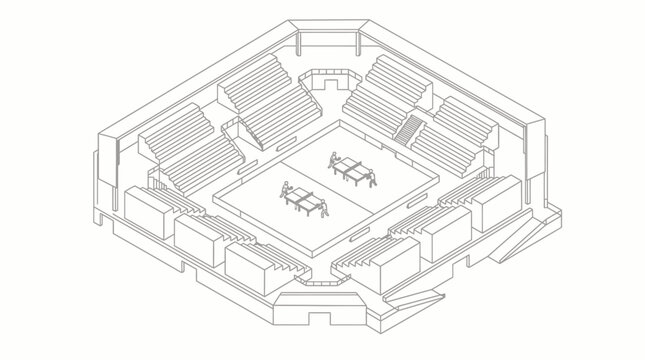 Isometric architectural line drawing of a fortified hexagonal castle keep with battlements.