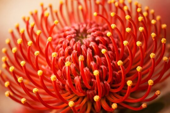 Closeup vibrant red cactus flower with yellow stamen clusters in full bloom